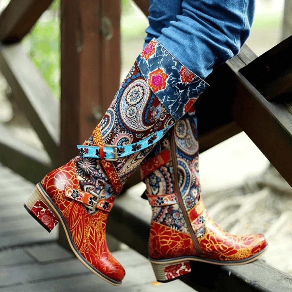 Soffia Brown Floral Tie Accent Leather Vintage Knee High Boots